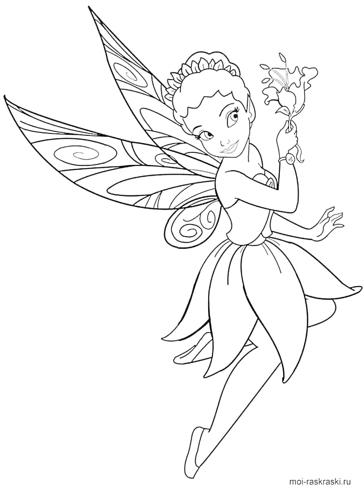 Раскраска Фея с цветами, в платье из листьев и с крыльями