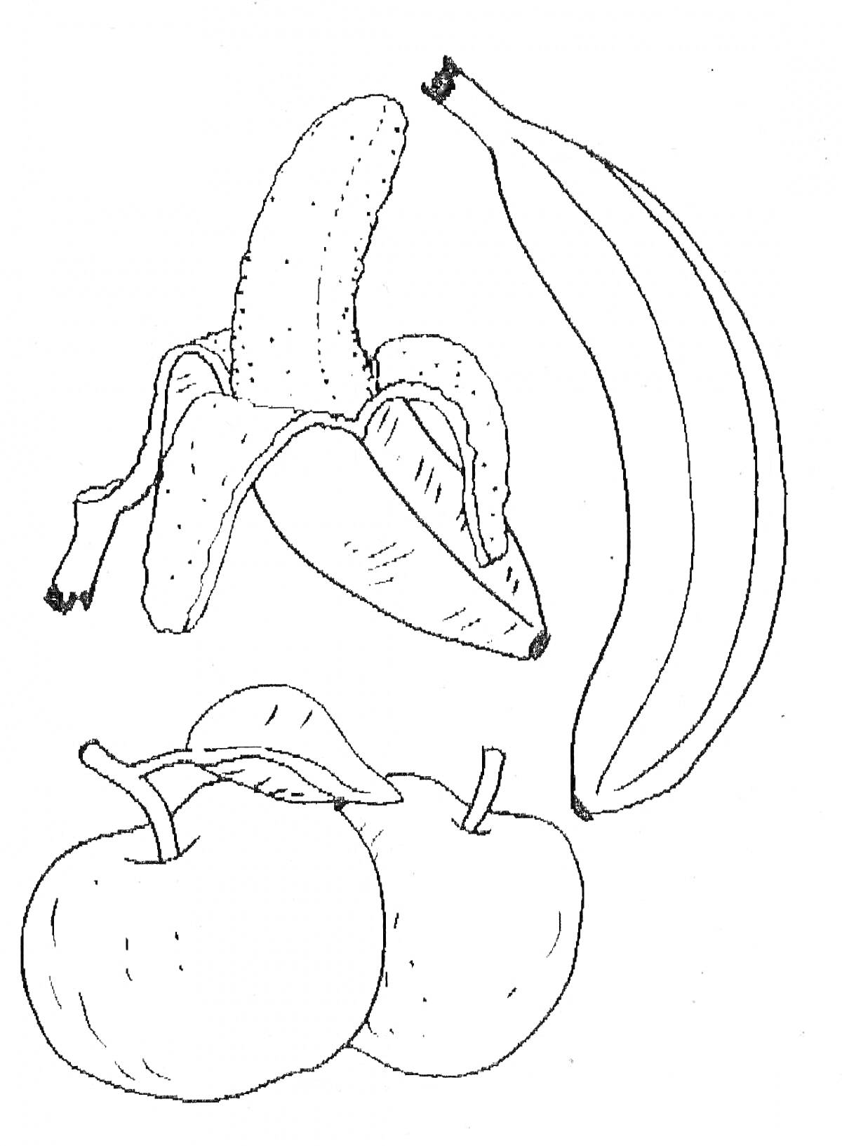 На раскраске изображено: Банан, Яблоко, Фрукты, Еда