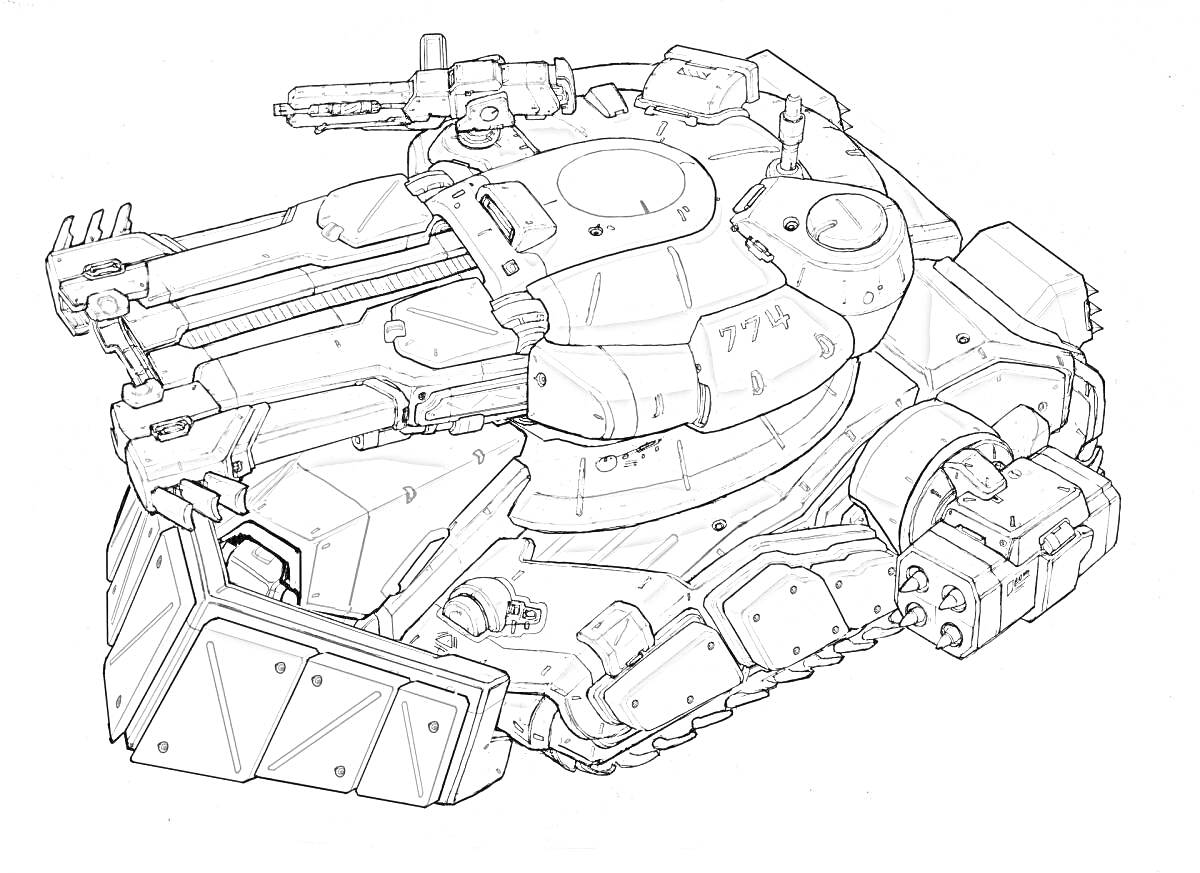 Раскраска Танк будущего с двумя пушками и броней со множеством деталей