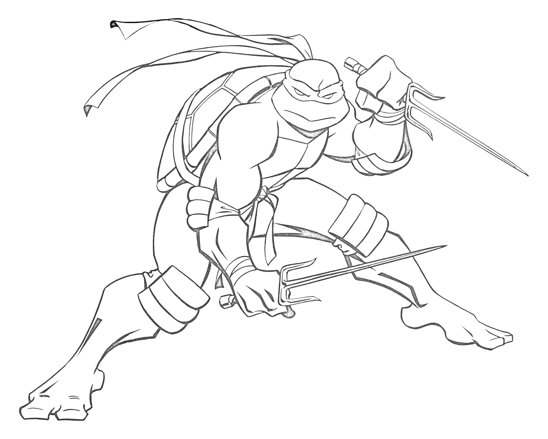 Раскраска Черепашка Ниндзя с двумя кинжалами готовится к бою