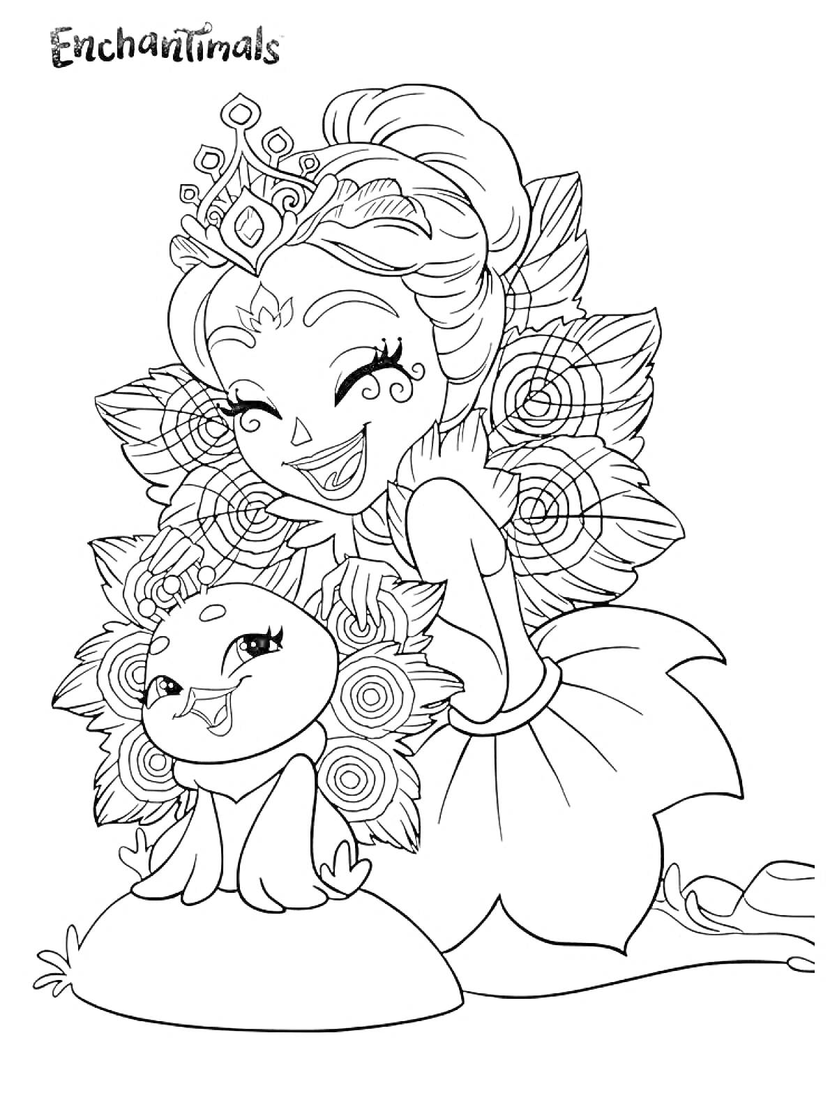 Раскраска Девочка и маленький зверек с цветочным орнаментом
