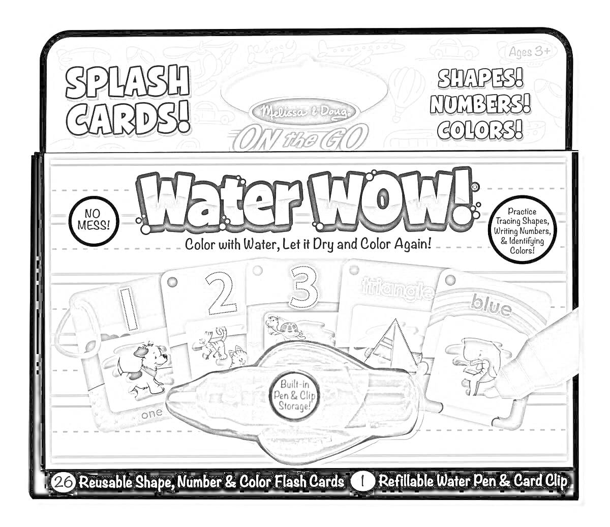 Раскраска Splash Cards! Water WOW! - Color with Water, Let it Dry and Color Again! Включает в себя многоразовые карточки формы, номера и цвета, заправляемую ручку с водой и клип для карточек