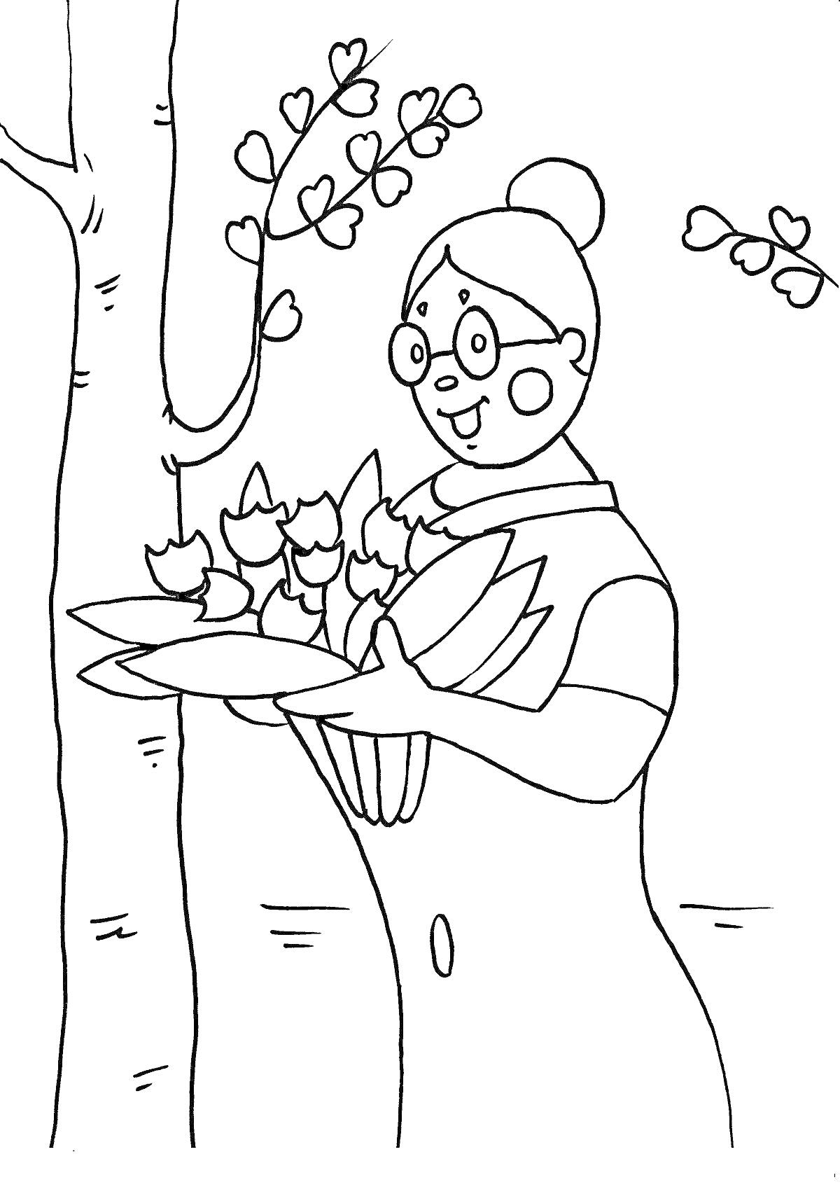 женщина в очках, с пучком на голове, держащая букет цветов, на фоне дерево с ветвями и листьями