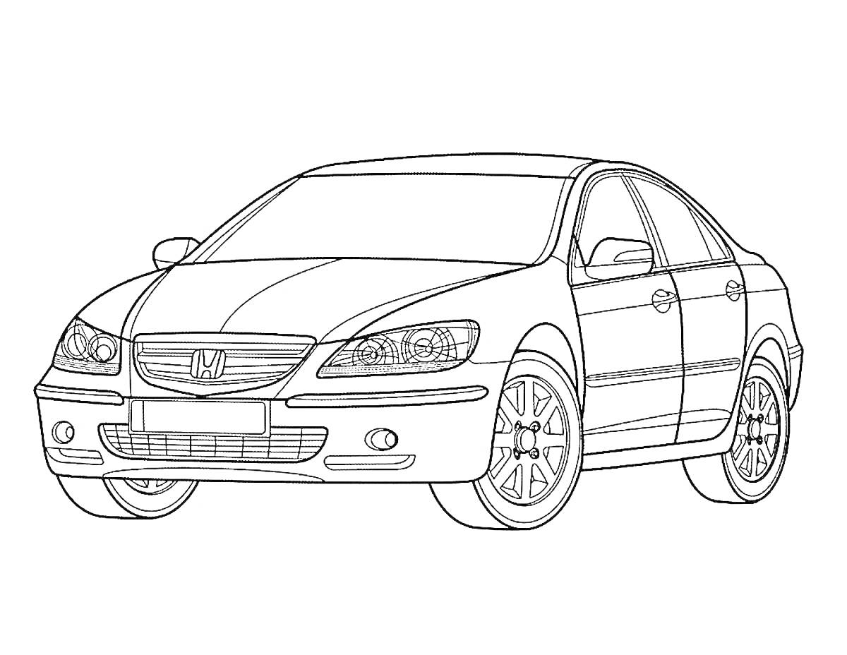 Раскраска Раскраска автомобиля Acura с передними фарами, боковыми зеркалами, дверями, передним бампером, решеткой радиатора и колесами