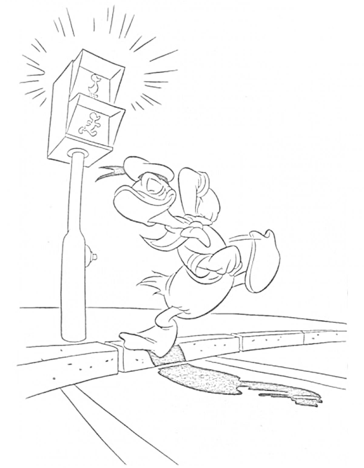 Раскраска Утиный персонаж переходит дорогу на светофоре