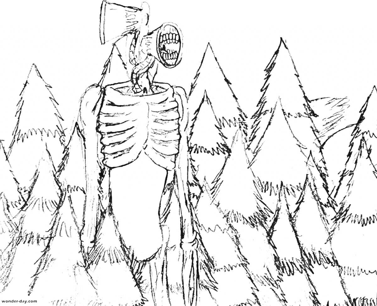 На раскраске изображено: Сиреноголовый, Лес, Деревья, Ужасы, Монстр, Для детей