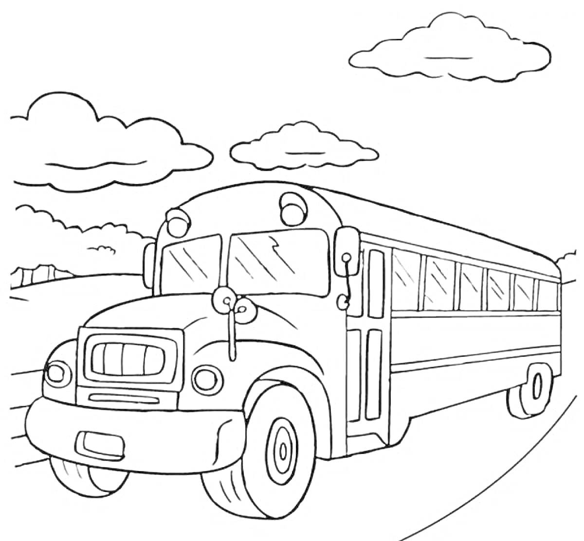На раскраске изображено: Школьный автобус, Облака, Транспорт, Школьный транспорт, Пейзаж