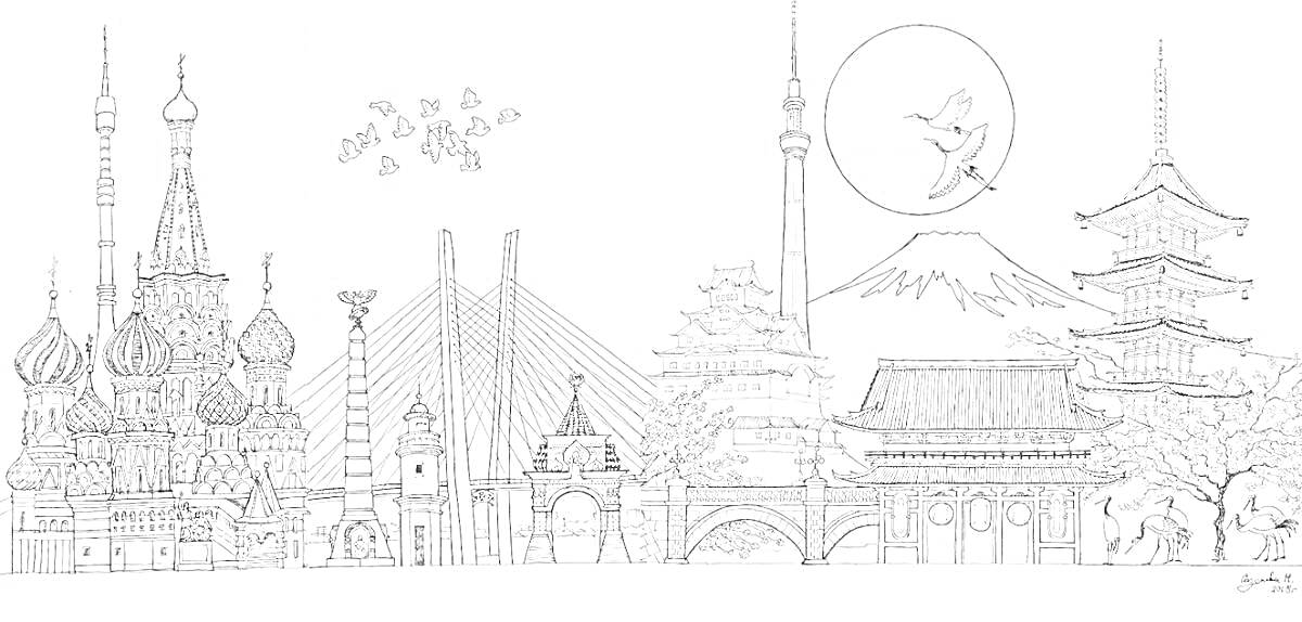 Раскраска Токийский городской пейзаж с элементами башни Sky Tree, горы Фудзи, пагоды, традиционных ворот и сакуры