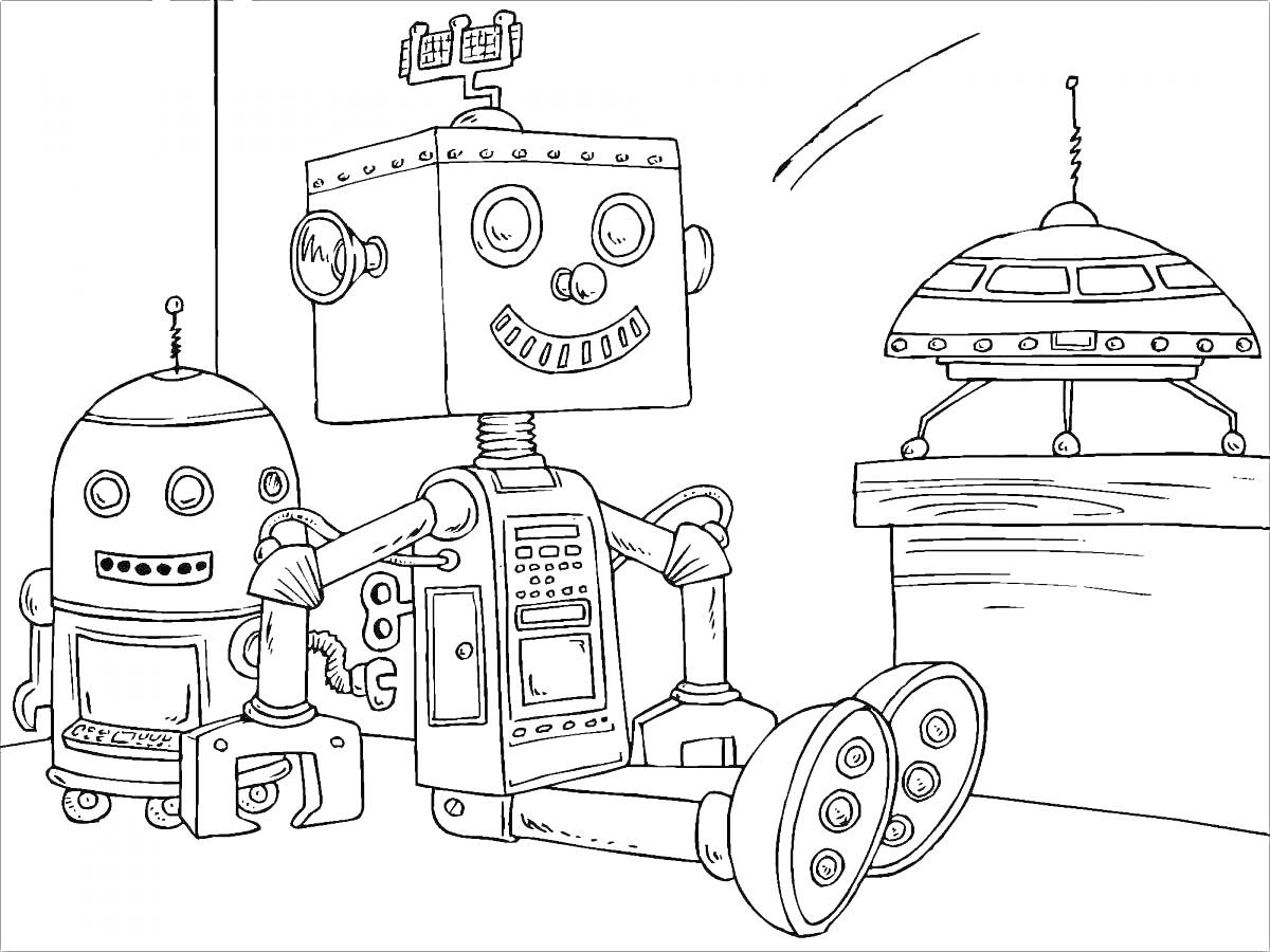 На раскраске изображено: Подставка, Антенны, Кнопки, Робот, Летающие тарелки