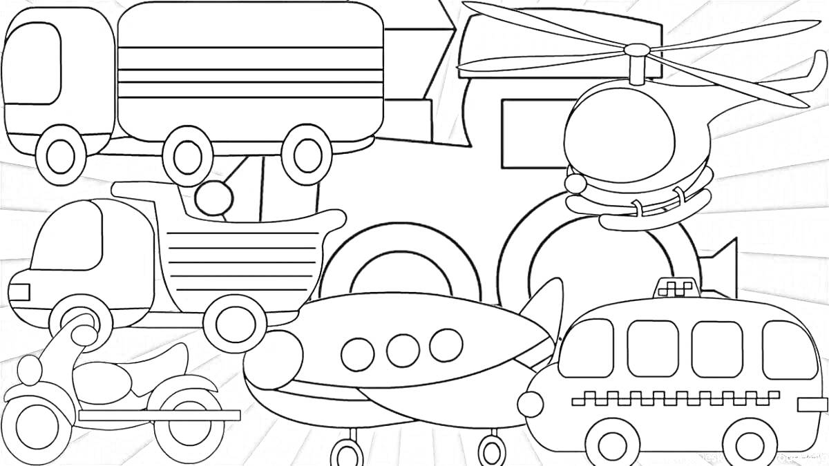 На раскраске изображено: Вертолет, Лодка, Мотоцикл, Ракета, Транспорт, Для детей, Грузовая машина, Машины, Развивающие игры