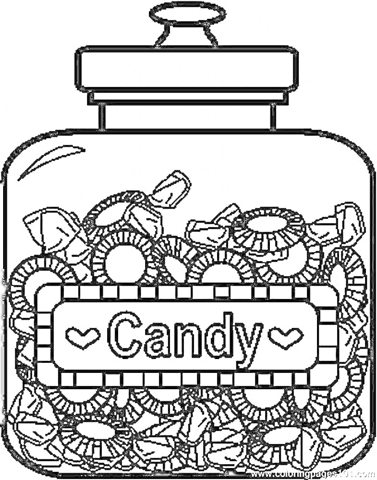 Раскраска Баночка с конфетами, полная конфет-леденцов в обертках с этикеткой 