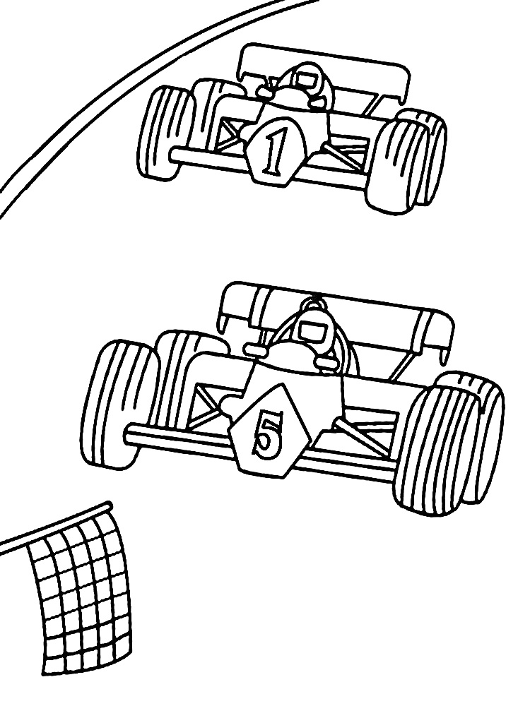 Раскраска Два гоночных автомобиля с номерами 1 и 5 у финишной линии