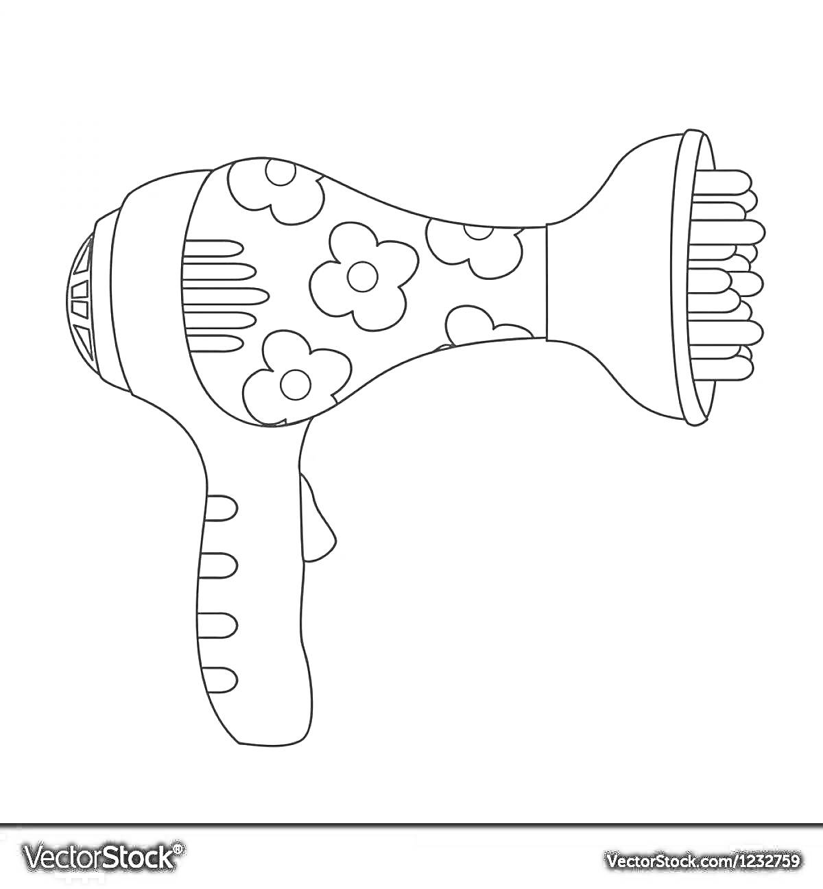 На раскраске изображено: Фен, Цветы, Электрический прибор