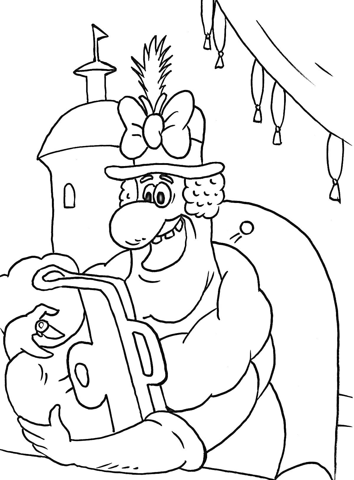 Раскраска Мужчина в шляпе с перьями и бантом, держащий стержневой телефон, слева замок, на заднем плане занавески