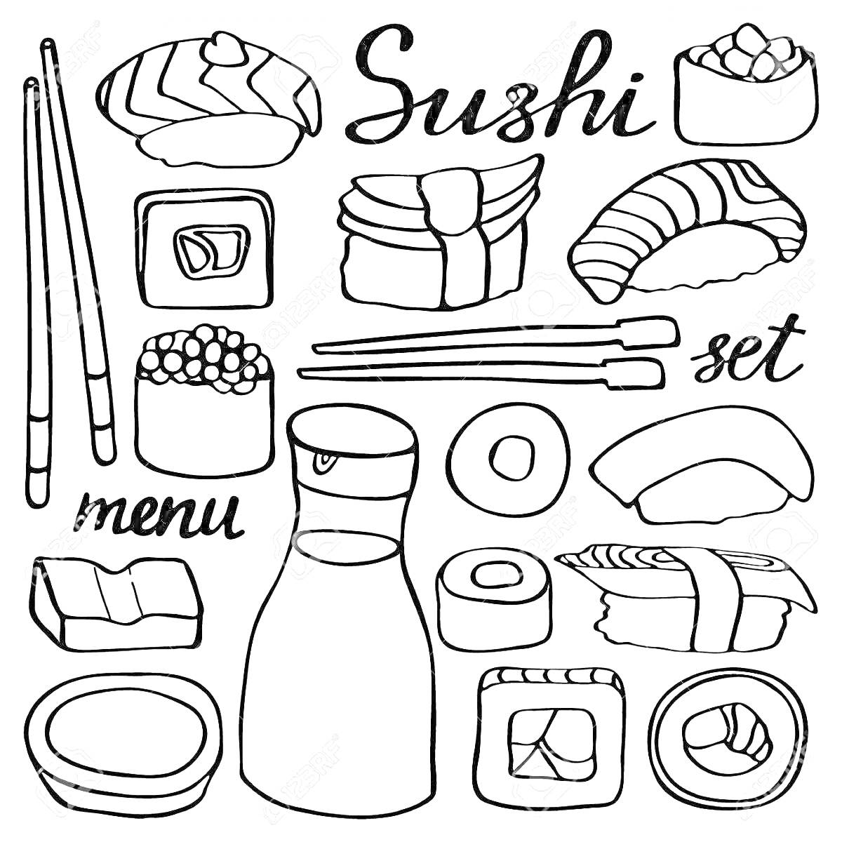 На раскраске изображено: Суши, Роллы, Палочки для еды, Миска, Японская кухня, Рис, Рыба, Меню, Набор