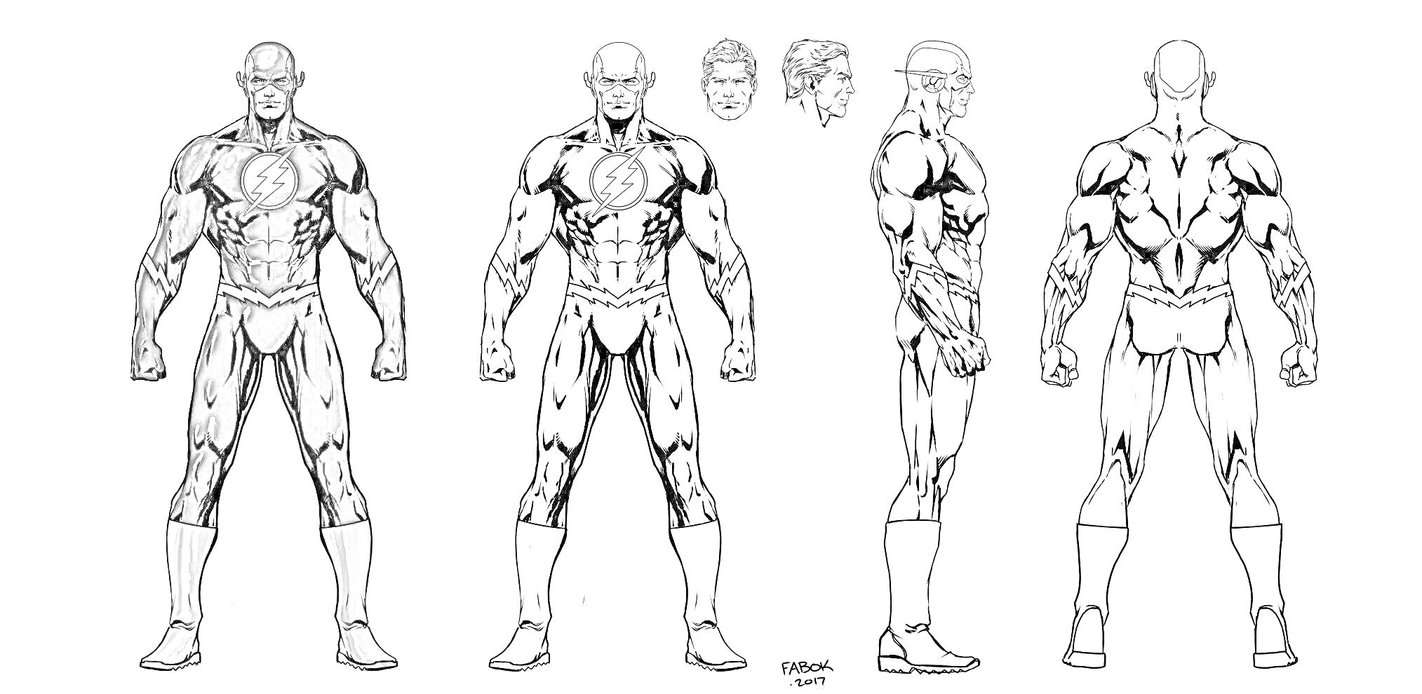 Раскраска Flash в разных вариантах: цветной вариант, черно-белая передняя нейтральная позиция, черно-белые варианты головы, черно-белая профильная позиция, черно-белая задняя нейтральная позиция