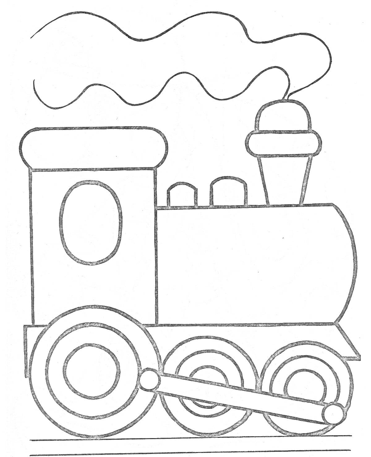 Раскраска Паровоз с дымом и колесами