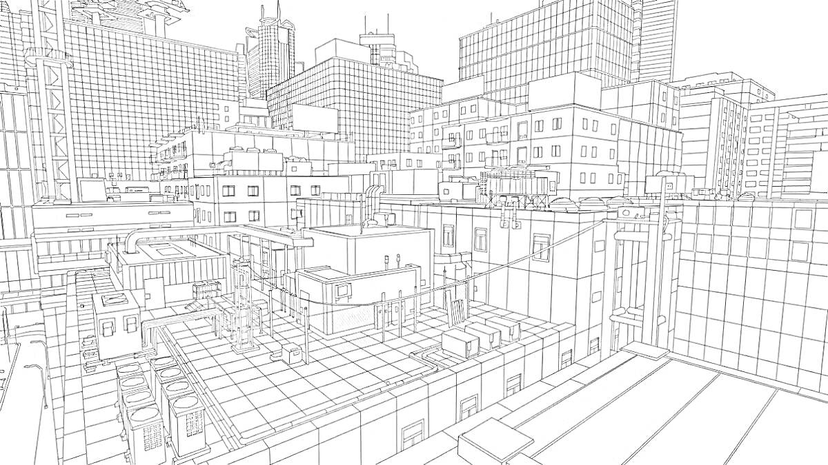 Раскраска Городской пейзаж с различными зданиями в стиле майнкрафт, включая высокие здания, крыши, антенны и различные архитектурные элементы