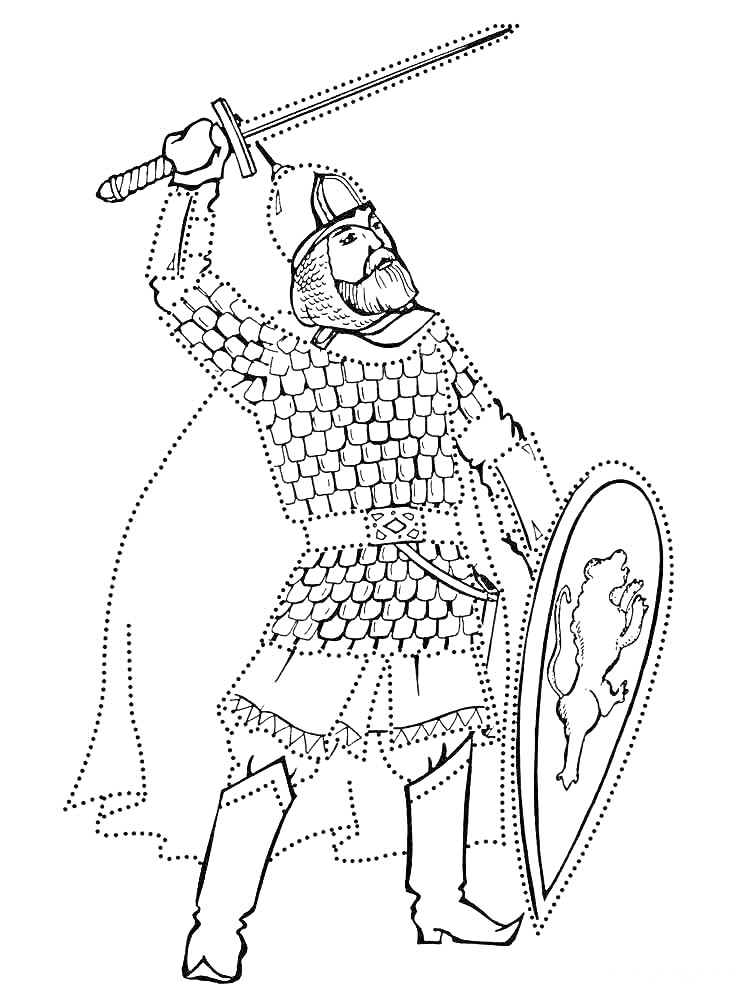 Раскраска Богатырь с мечом и щитом, украшенным изображением льва, в кольчуге и шлеме