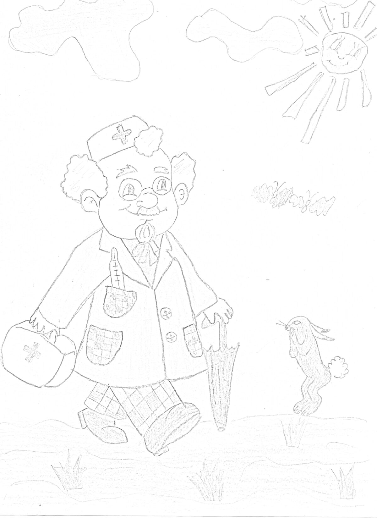Раскраска Доктор с кистью и зонтом, зайчик, трава, небо с облаками и солнцем