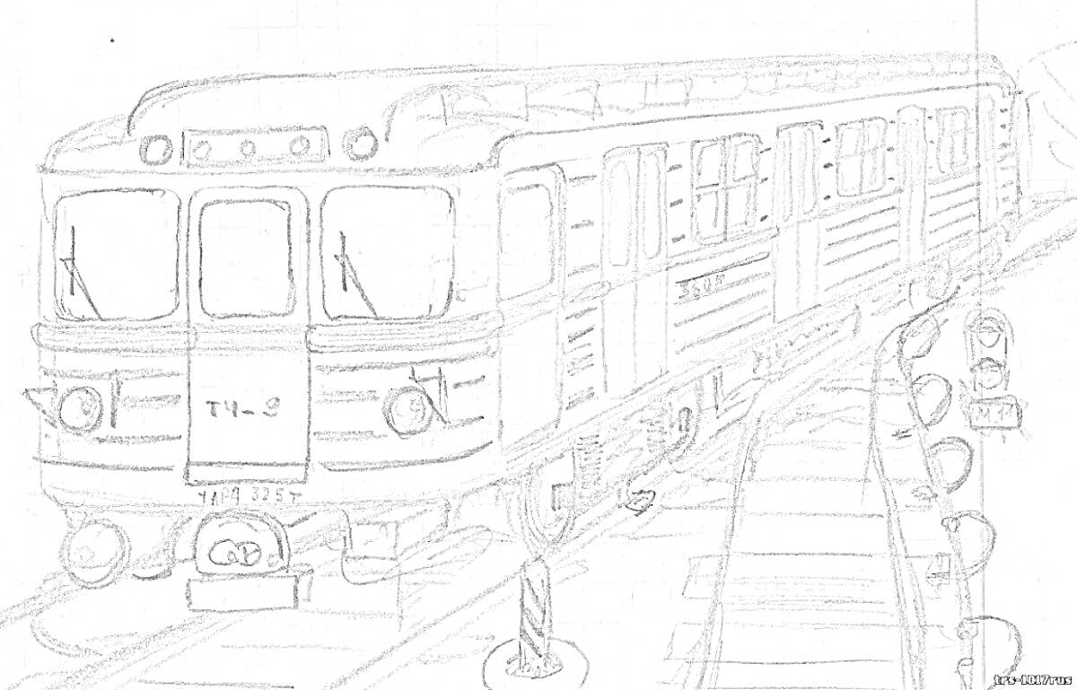 На раскраске изображено: Метро, Поезд, Рельсы, Светофор, Вагоны, Транспорт, Железная дорога, Станция, Городской транспорт, Туннель