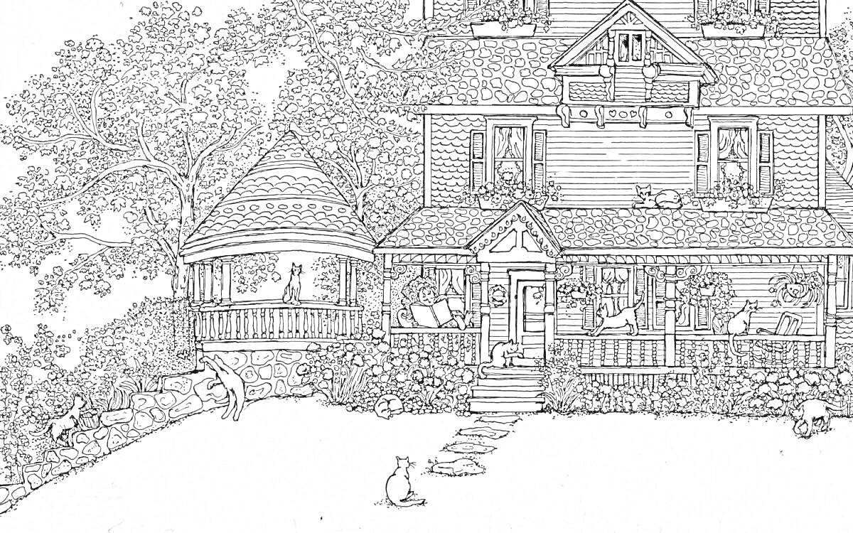 Раскраска Дом с верандой и садом, с кустами, большими деревьями, беседкой и множеством кошек