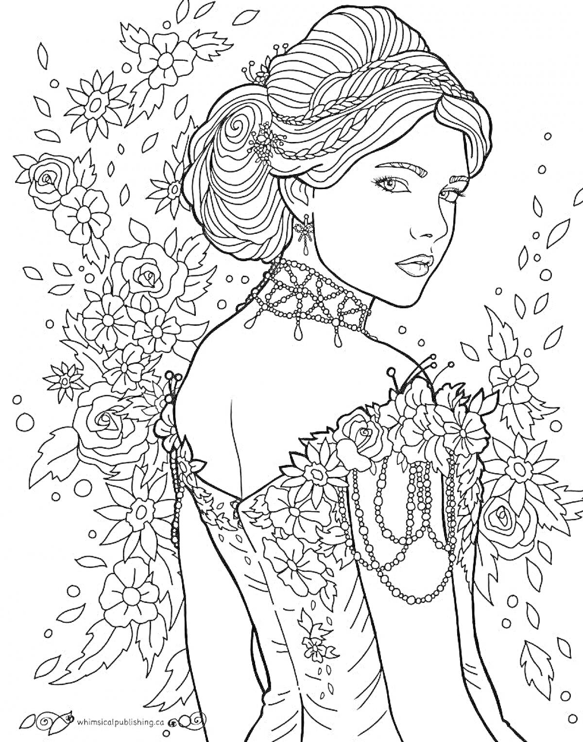 Раскраска Портрет девушки в платье с цветочным орнаментом, цветы на заднем плане