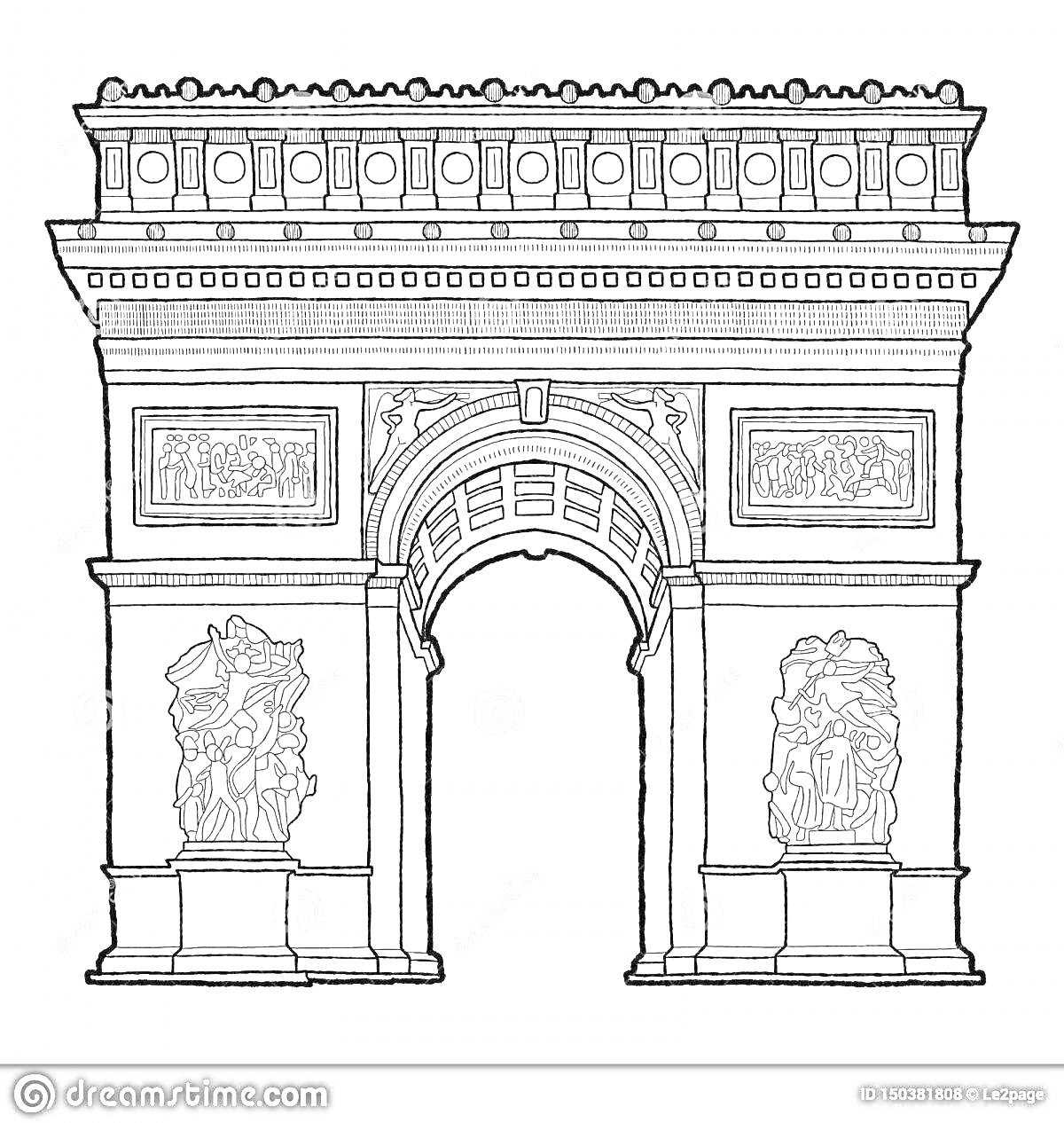 На раскраске изображено: Триумфальная арка, Барельефы, Архитектура, Франция