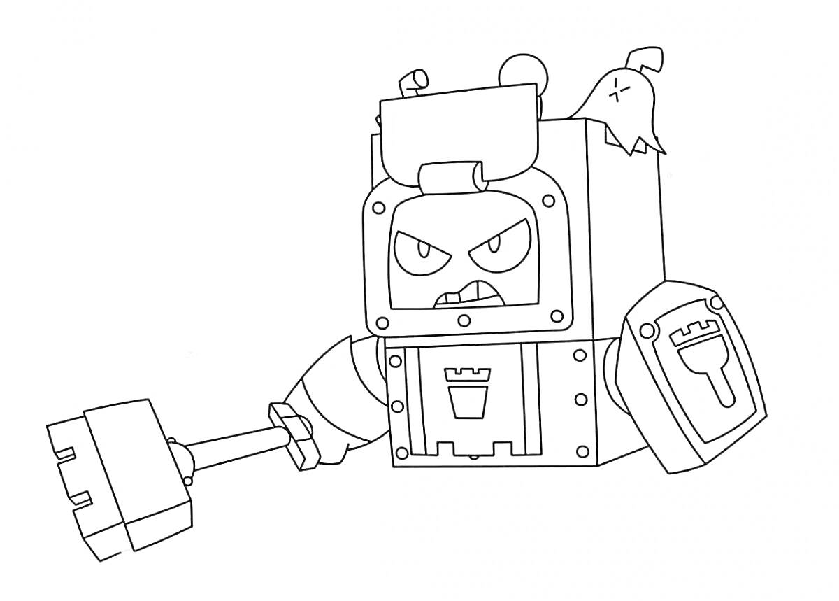 Раскраска Эш из «Бравл Старс» с молотом и птицей на плече