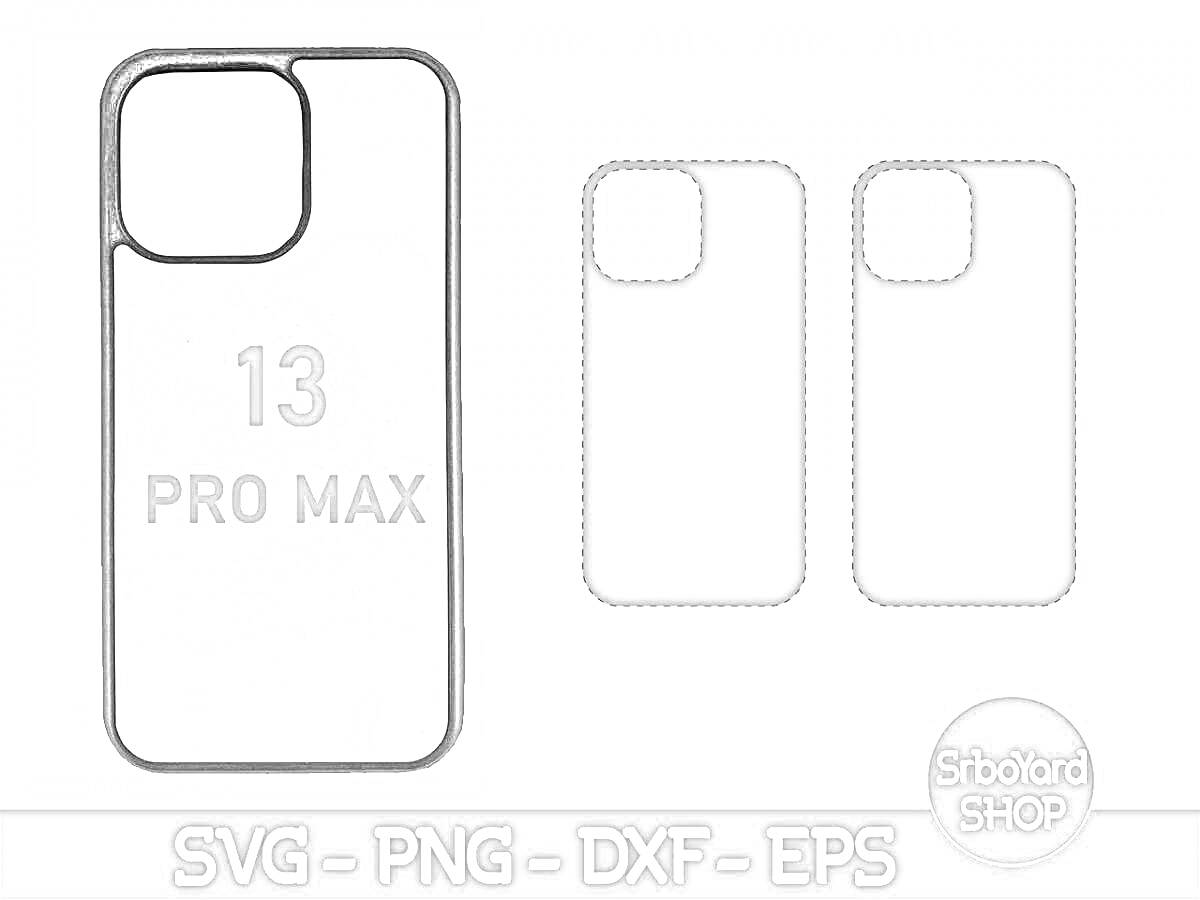 Раскраска Шаблон для iPhone 13 Pro Max с тремя изображениями: чехла с надписью 