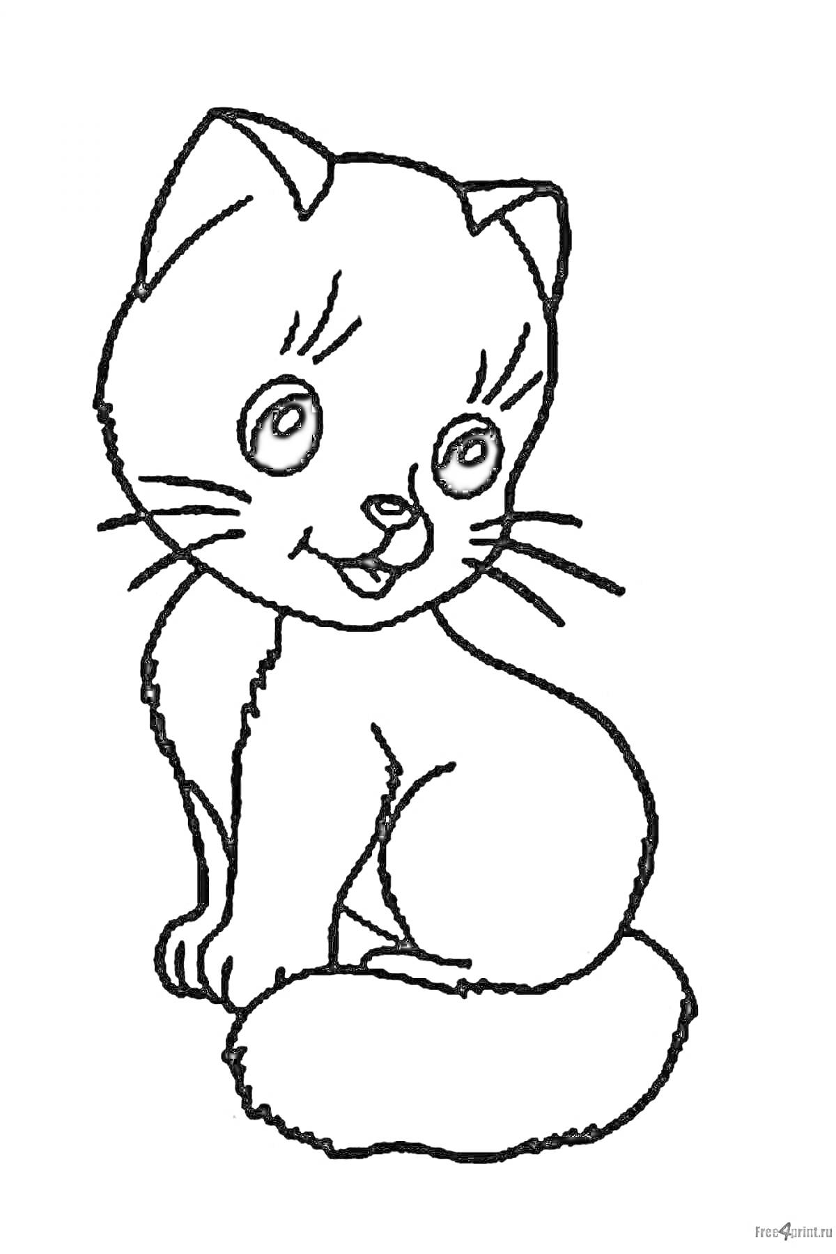 Раскраска маленький котенок сидит с высунутым язычком