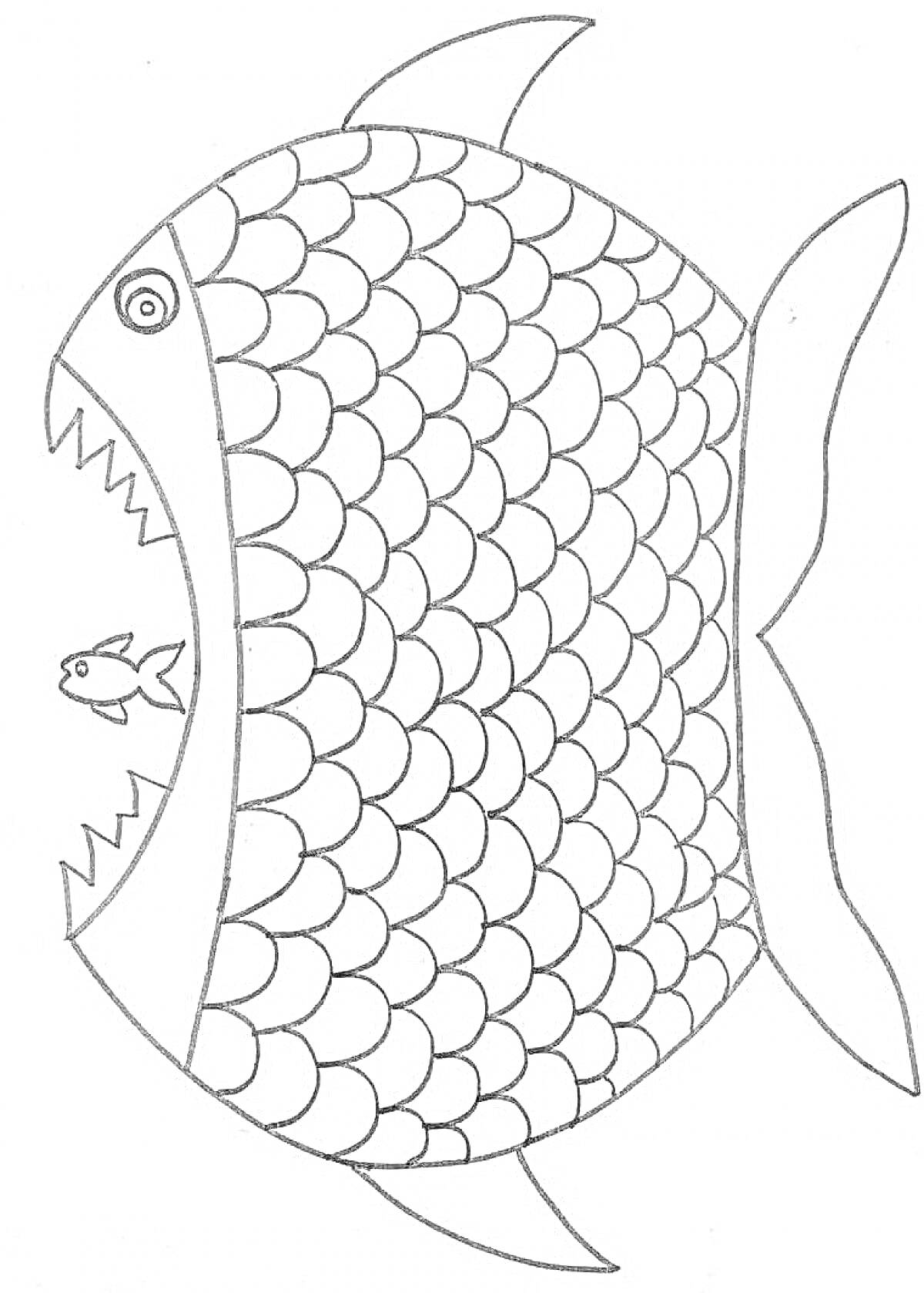 Раскраска Большая рыба с чешуей и маленькая рыба, которую она собирается съесть