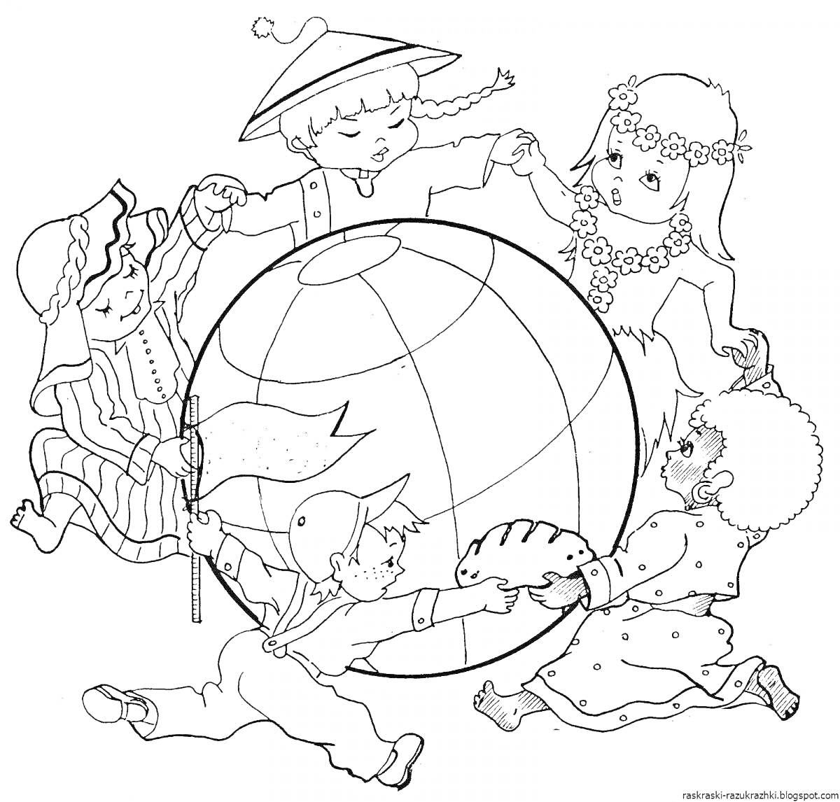 На раскраске изображено: Глобус, Дружба, Народные костюмы, Мир, Единство