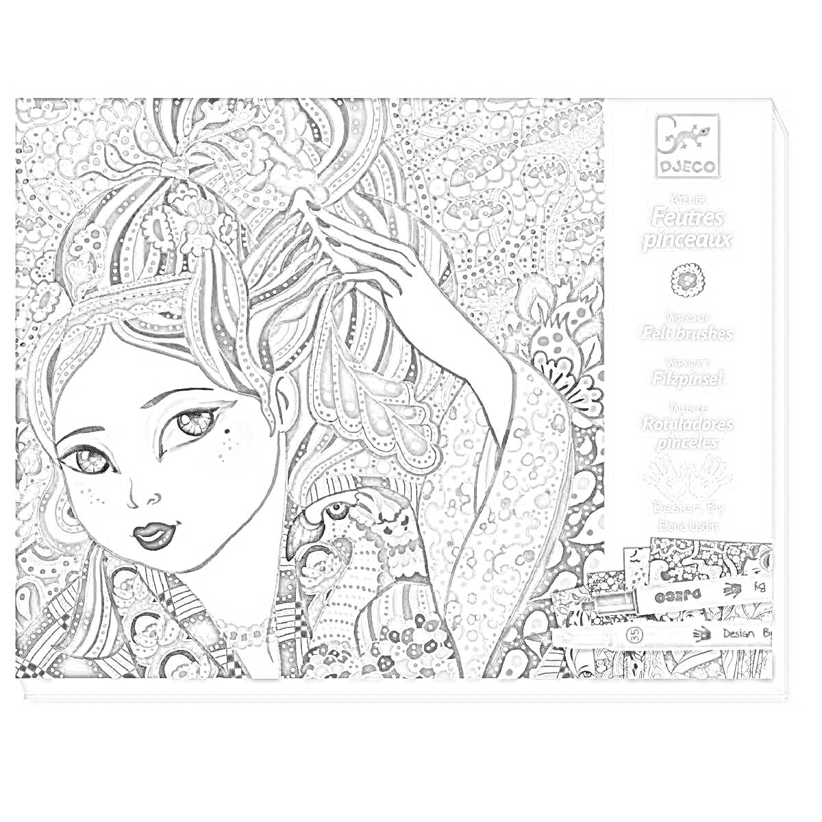 Раскраска Раскраска Djeco с изображением девушки с длинными волосами, украшенной абстрактными узорами
