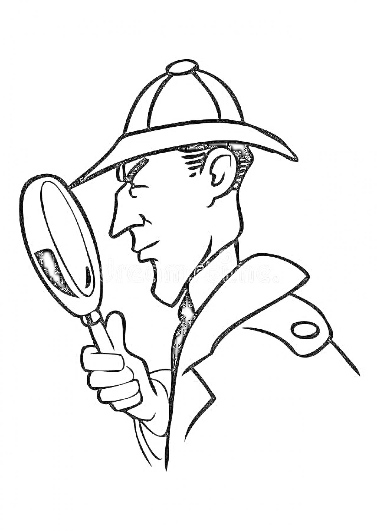 На раскраске изображено: Детектив, Увеличительное стекло, Шляпа, Расследование, Шерлок Холмс