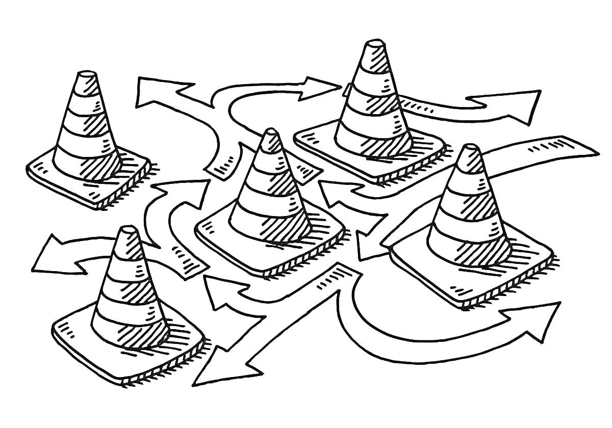 Раскраска Раскраска с дорожными конусами и стрелками