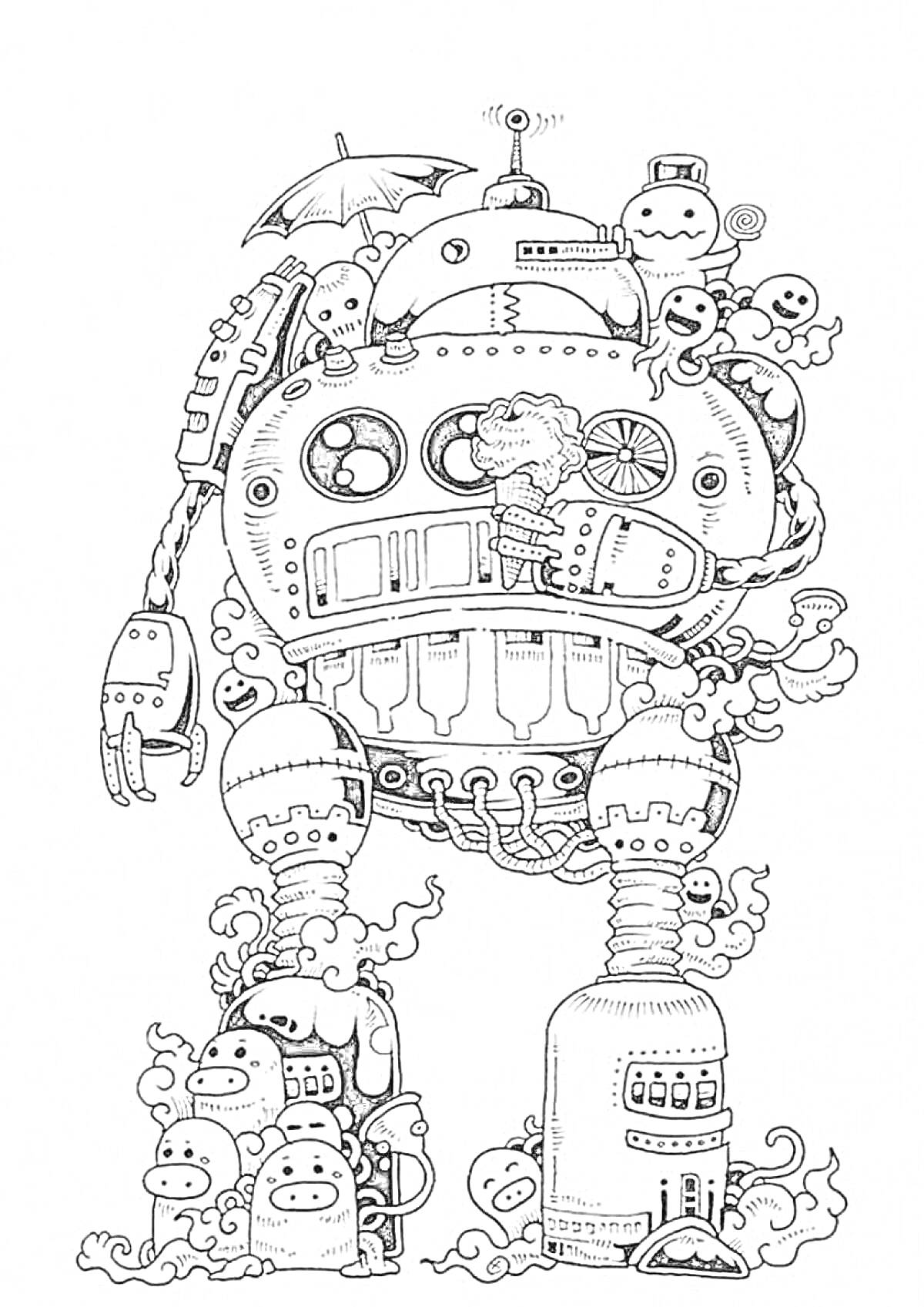Раскраска Робот с монстрами, держащий зонтик, с проводами и механическими элементами