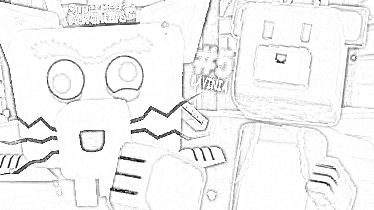 Раскраска Два кубических медведя на переднем плане, один с выражением злости, другой с нейтральным лицом, надпись Super Bear Adventure и цифра #5 на заднем плане.