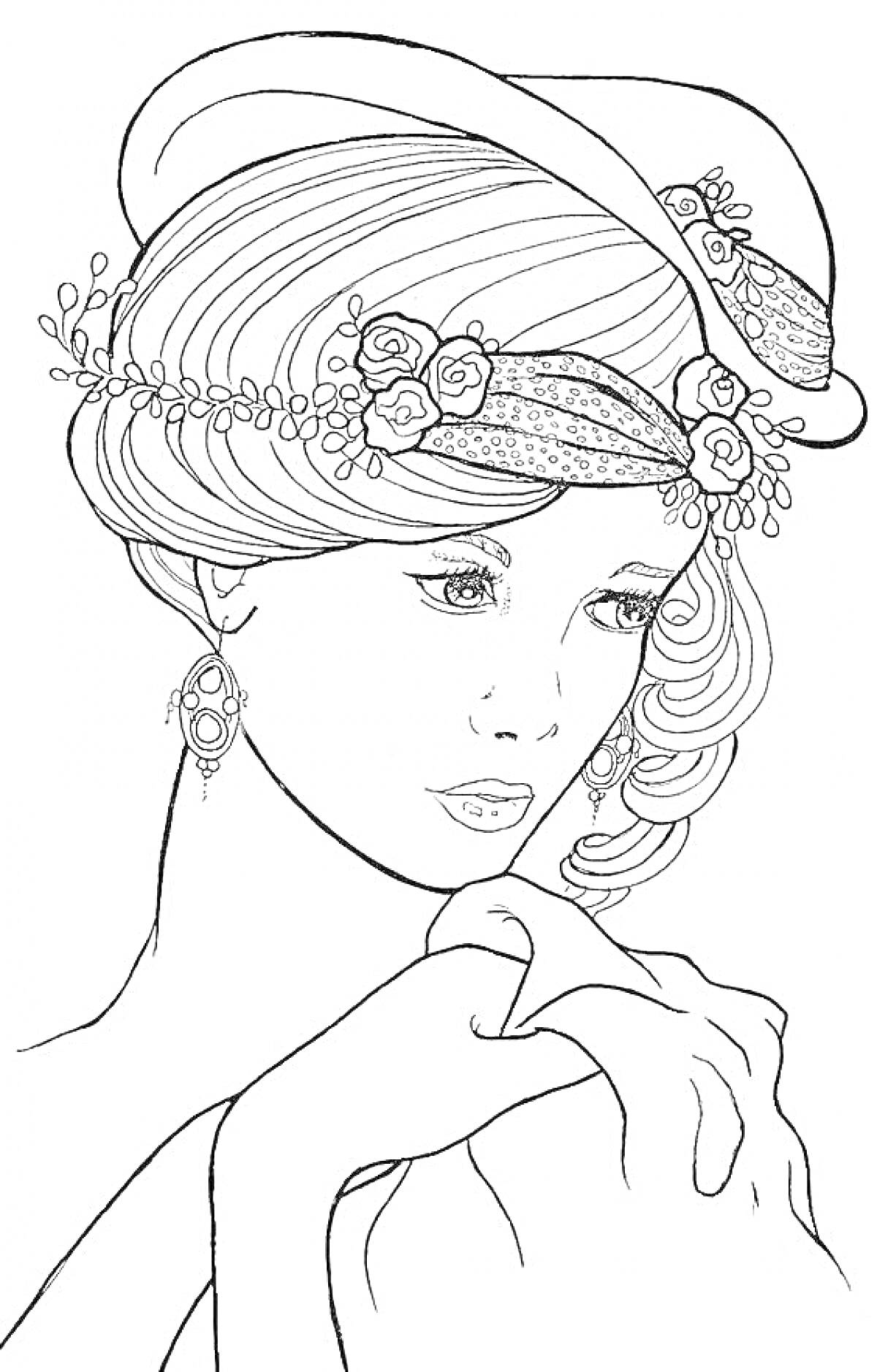 Женщина в шляпе с цветами и серьгами, держит ткань
