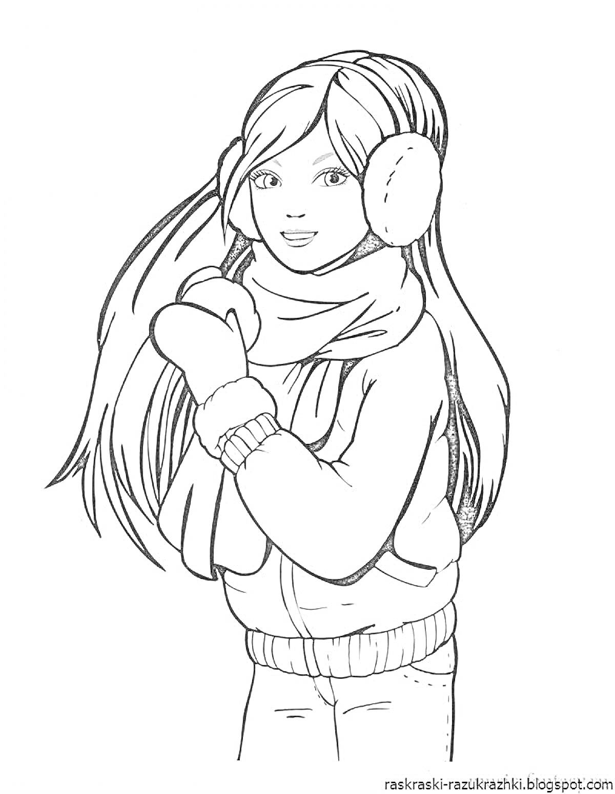 Раскраска Девочка в зимней одежде с длинными волосами, наушниками, шарфом, перчатками и курткой