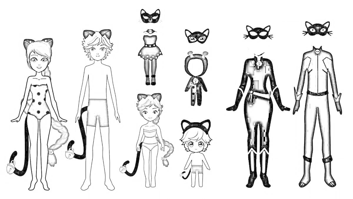 Раскраска персонажи в виде кукол лол в костюмах Леди Баг и Супер-кот. Видны две куклы в полный рост, одна с хвостом и кошачьими ушками, другая в купальнике с лапками на животе, масками и хвостом. Несколько аксессуаров, таких как кошачьи ушки, несколько масок и мале