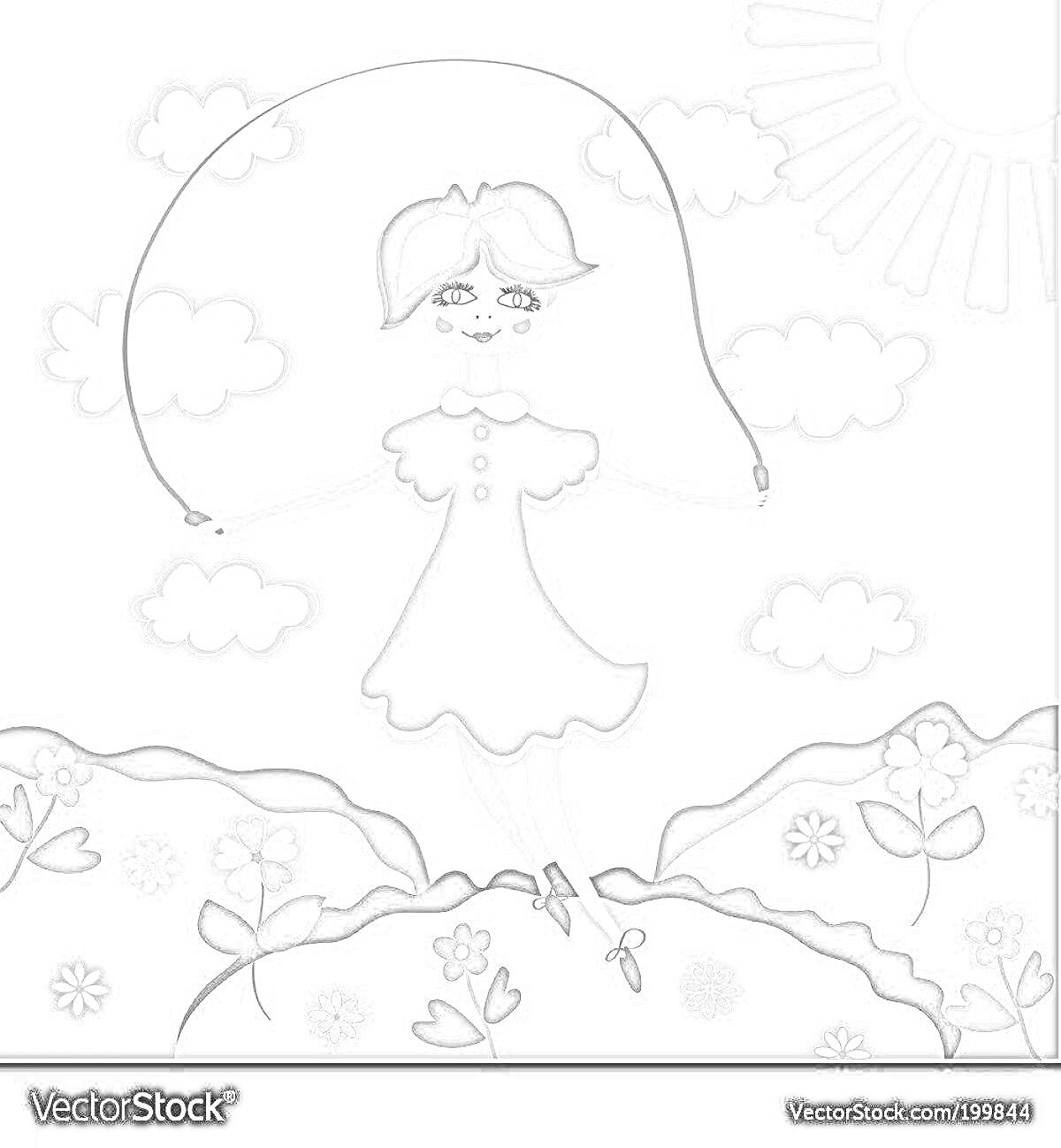 Раскраска Девочка прыгает через скакалку на лужайке с цветами, на заднем плане солнечное небо с облаками