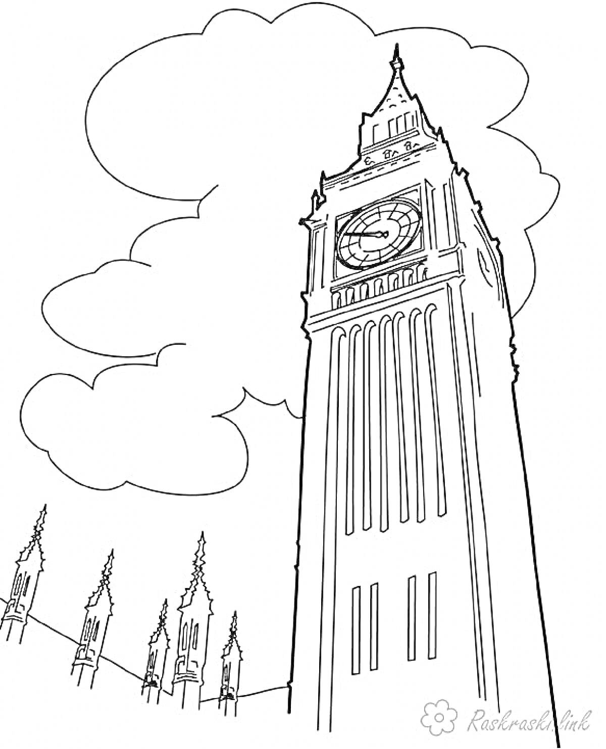 На раскраске изображено: Лондон, Часы, Облака, Архитектура, Англия, Великобритания, Биг Бен, Достопримечательности, Контурные рисунки