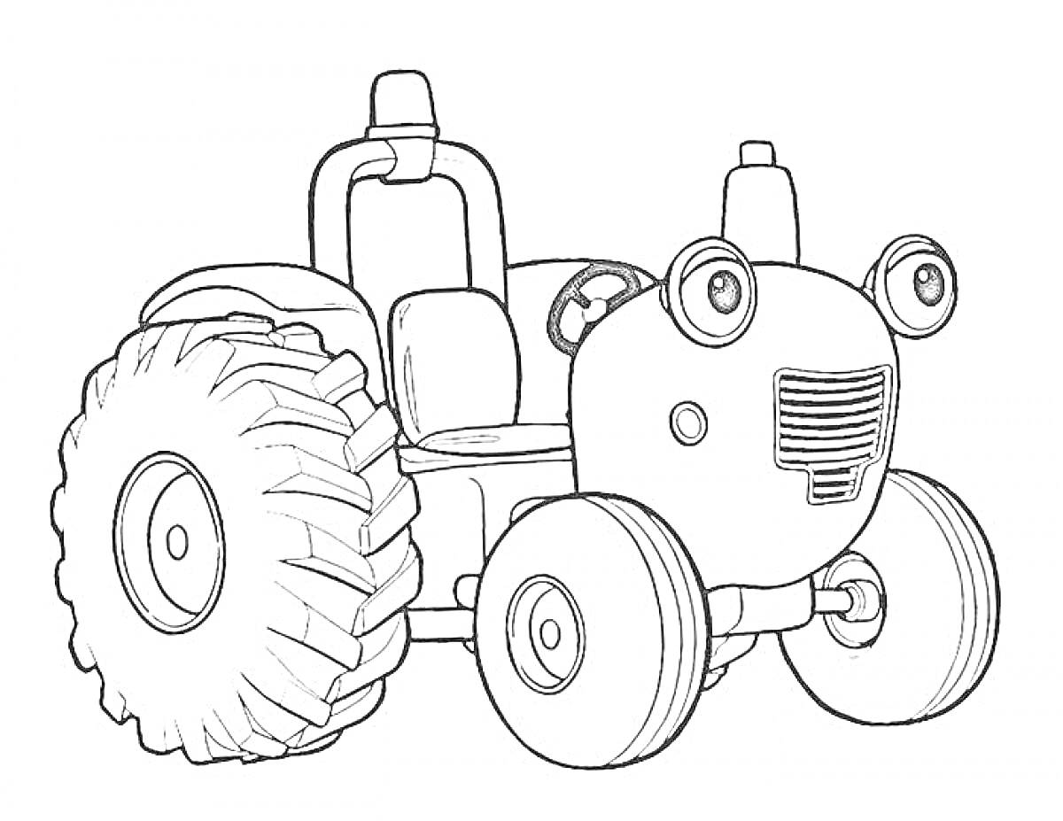 Раскраска Трактор Гоша с большими глазами, рулём и крупными задними колёсами