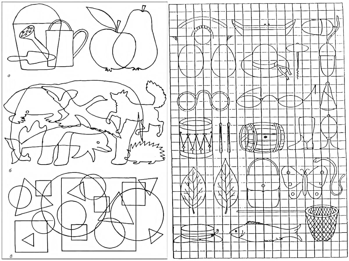 Раскраска Лейка, яблоко, груша, тарелка с ложкой, рыба, акула, дельфин, волк, ёжик, секатор, геометрические фигуры, ваза, очки, барабан, сумка, груша, капуста, кукуруза, туфли, шарф, чайник, бабочка