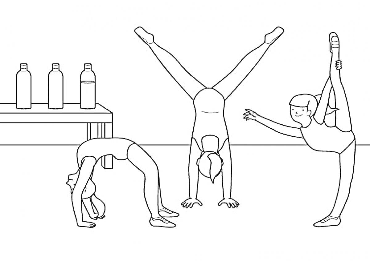 На раскраске изображено: Акробатика, Гимнастика, Гимнастки, Трюки, Растяжка, Баланс, Спорт, Стол, Спортзал, Упражнения