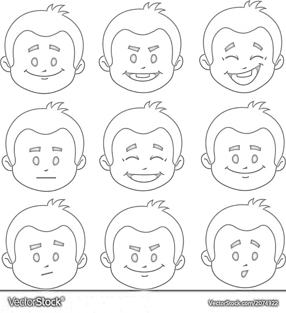 Раскраска Сет из девяти выражений лица персонажа с различными эмоциями (счастье, злость, смех, нейтральное, грусть, улыбка, удивление, задумчивость, испуг)