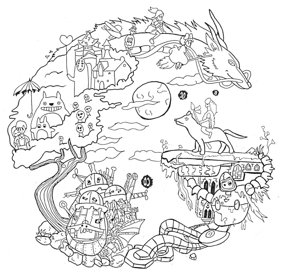 Раскраска в стиле Миядзаки с разнообразными элементами: дракон, лиса, дерево, замок, роботы, корабль с механизмами, персонажи с мечами, животные и небесные существа.
