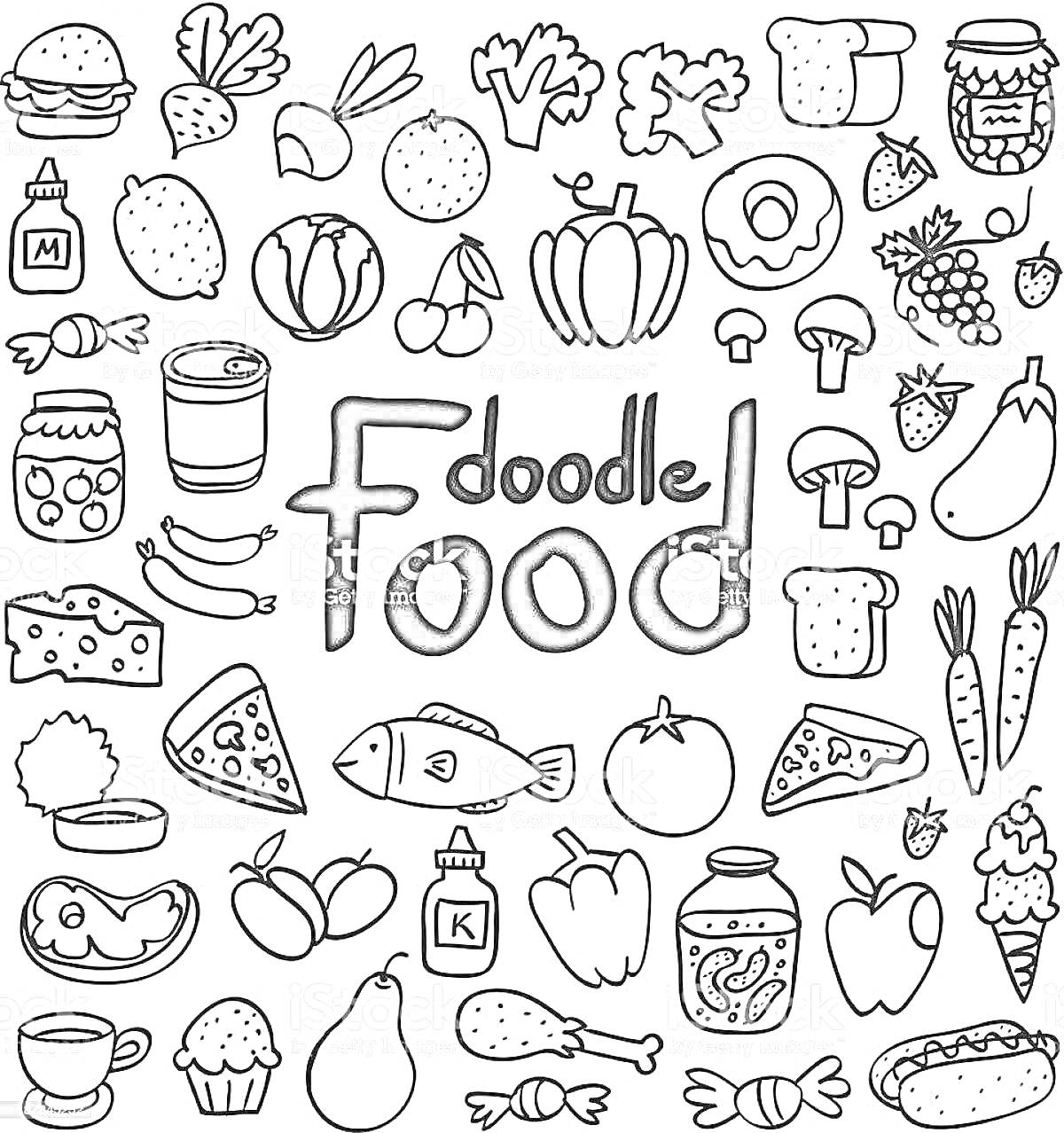 Раскраска Мини еда - овощи, фрукты, напитки, сладости, снеки, рыбные блюда, мясные блюда, соусы