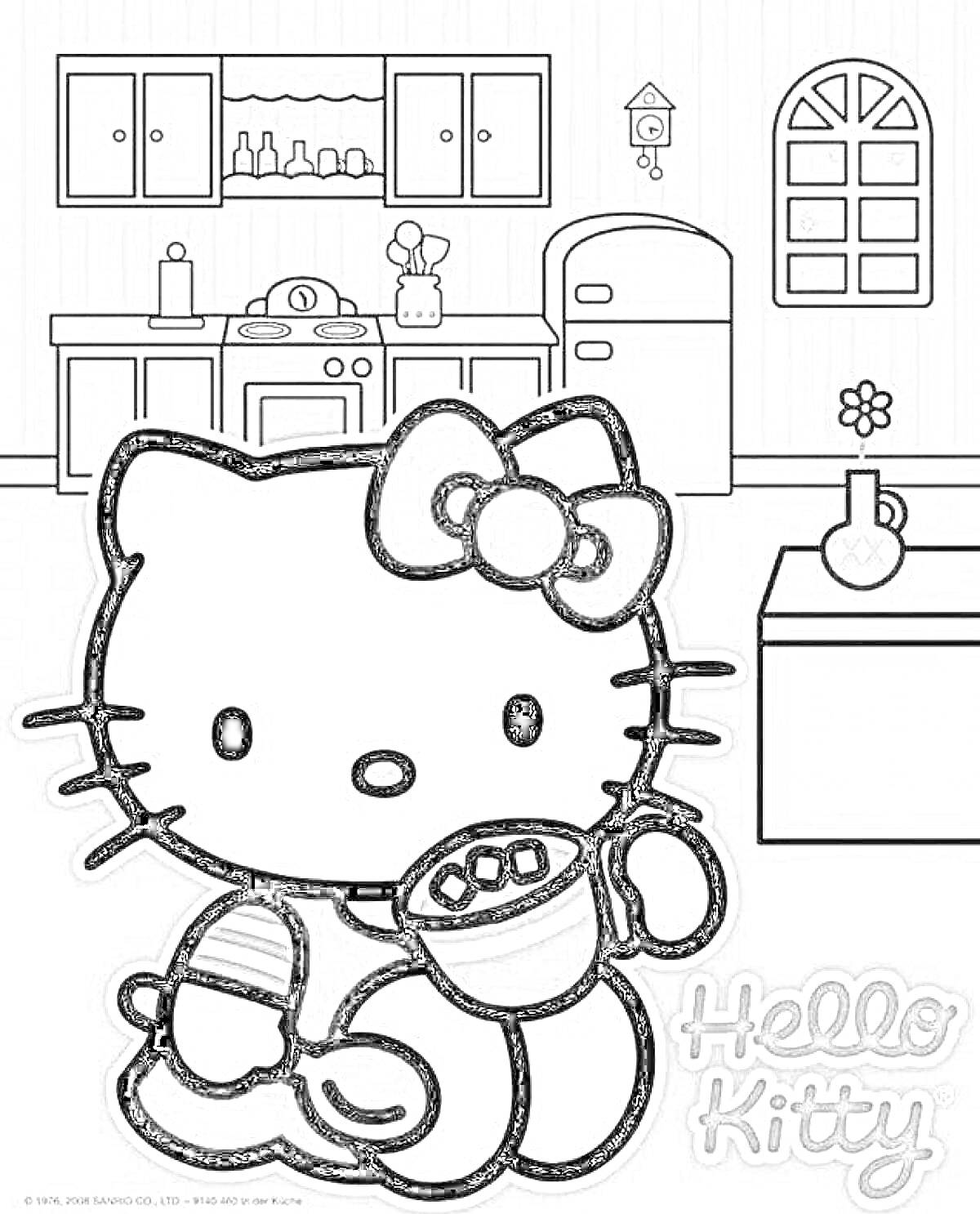 Раскраска Hello Kitty на кухне, с чашкой